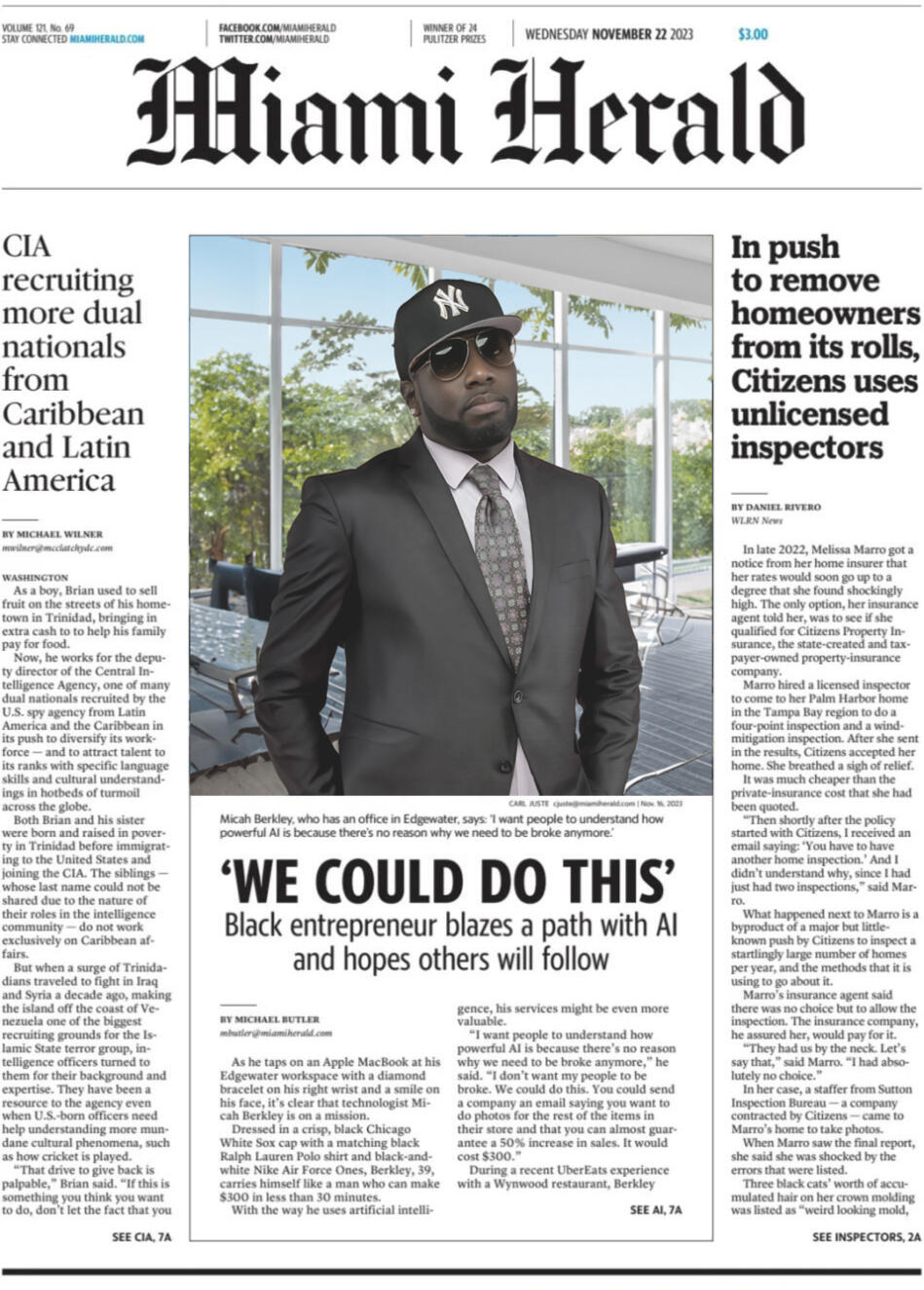 Front page of Miami Herald featuring Micah Berkley, an AI entrepreneur in a suit and cap, with a title about his AI-driven path to success.